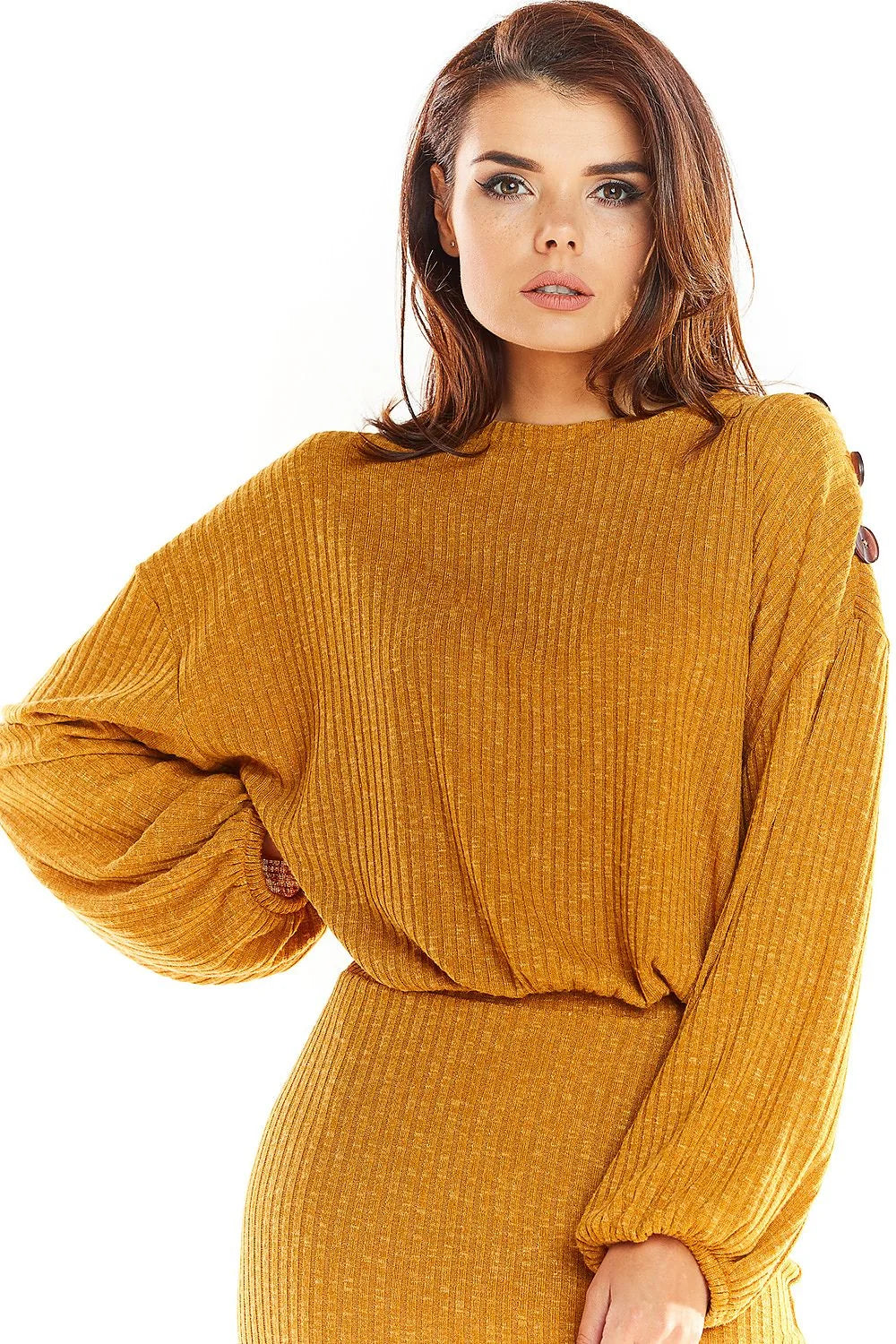 Chandail femme oversize manches longues en polyester jaune moutarde élégant style kimono confortable Pologne