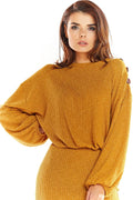 Chandail femme oversize manches longues en polyester jaune moutarde élégant style kimono confortable Pologne