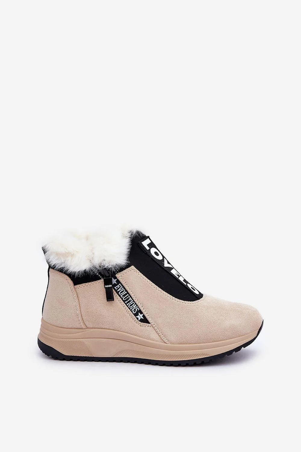 bottines femme suédine écologique beige fourrure blanche col montant compensée semelle crantée talon zippées latéral panneau élastique noir inscription LOVELO