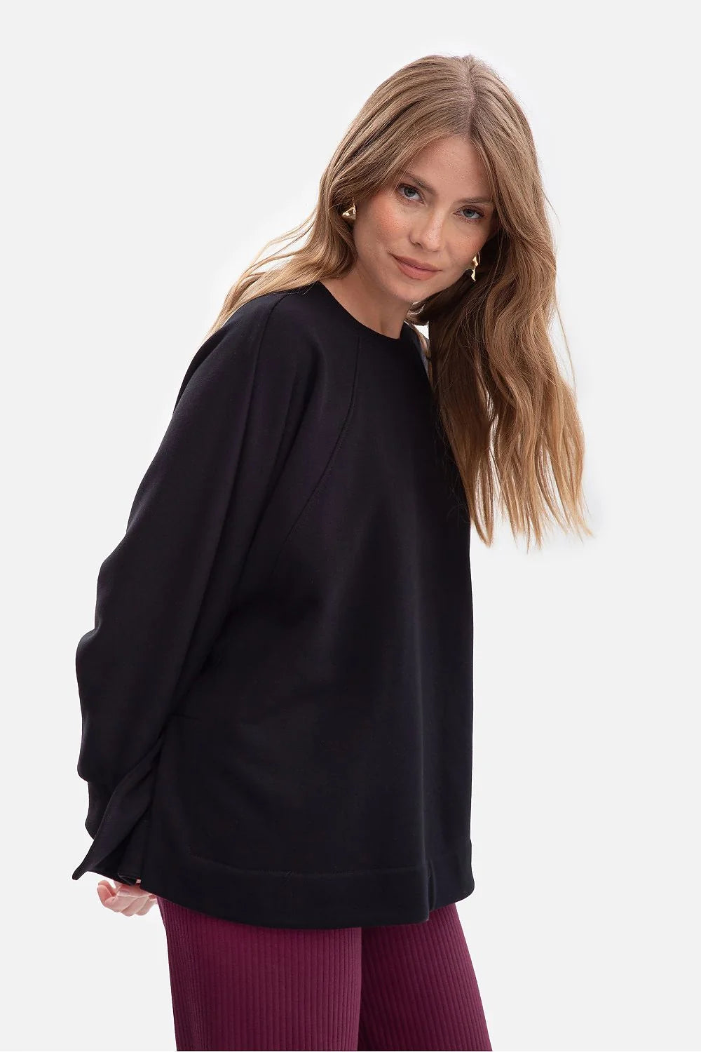 sweatshirt femme oversize noir col rond manches raglan longues épaules tombantes coupe ample mi hanche tissu éponge 280g douceur confort