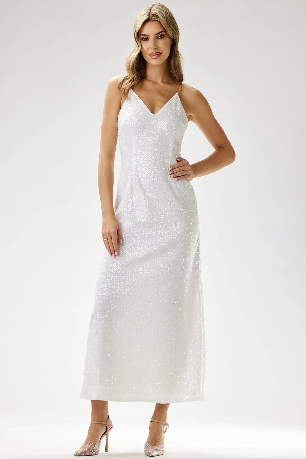 Robe longue élégante soirée velours paillettes encolure V bretelles fines dos nu occasions spéciales femmes