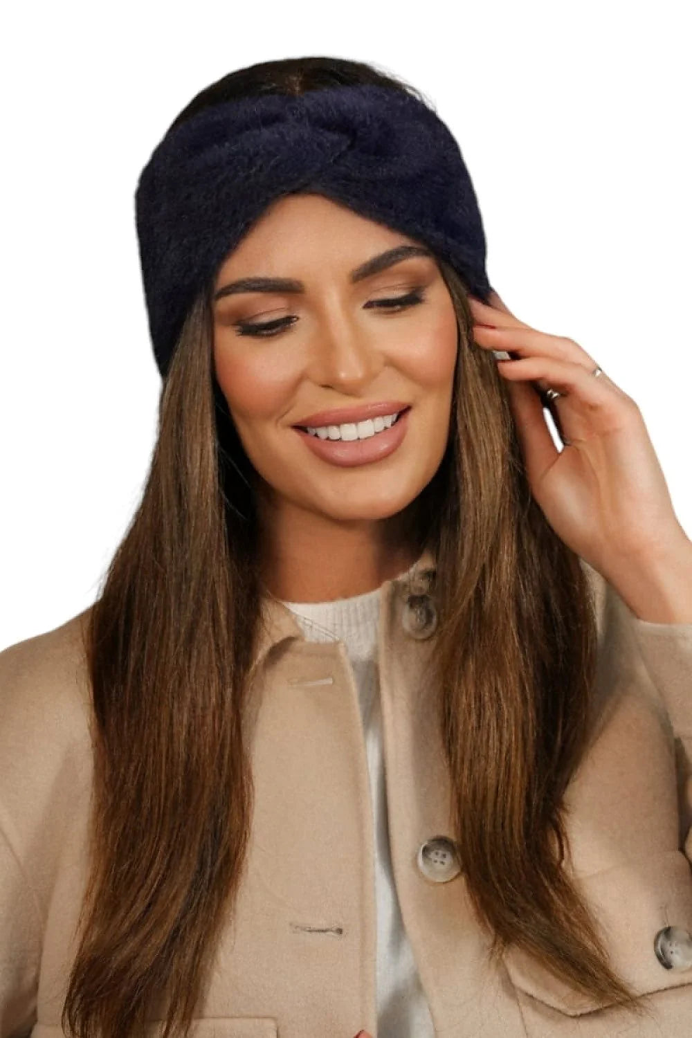 Bandeau d'hiver féminin élégant en peluche bleu marine avec nœud, confortable et stylé pour femmes