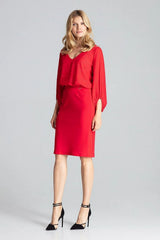 robe deux pièces rouge vif midi crayon taille blousante encolure V manches longues bouffantes fente dos fluide polyester élasthanne