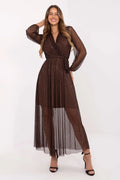 robe longue soirée marron chocolat voile tulle pailleté portefeuille décolleté croisé ceinture taille marquée jupe plissée semitransparente manches longues bouffantes
