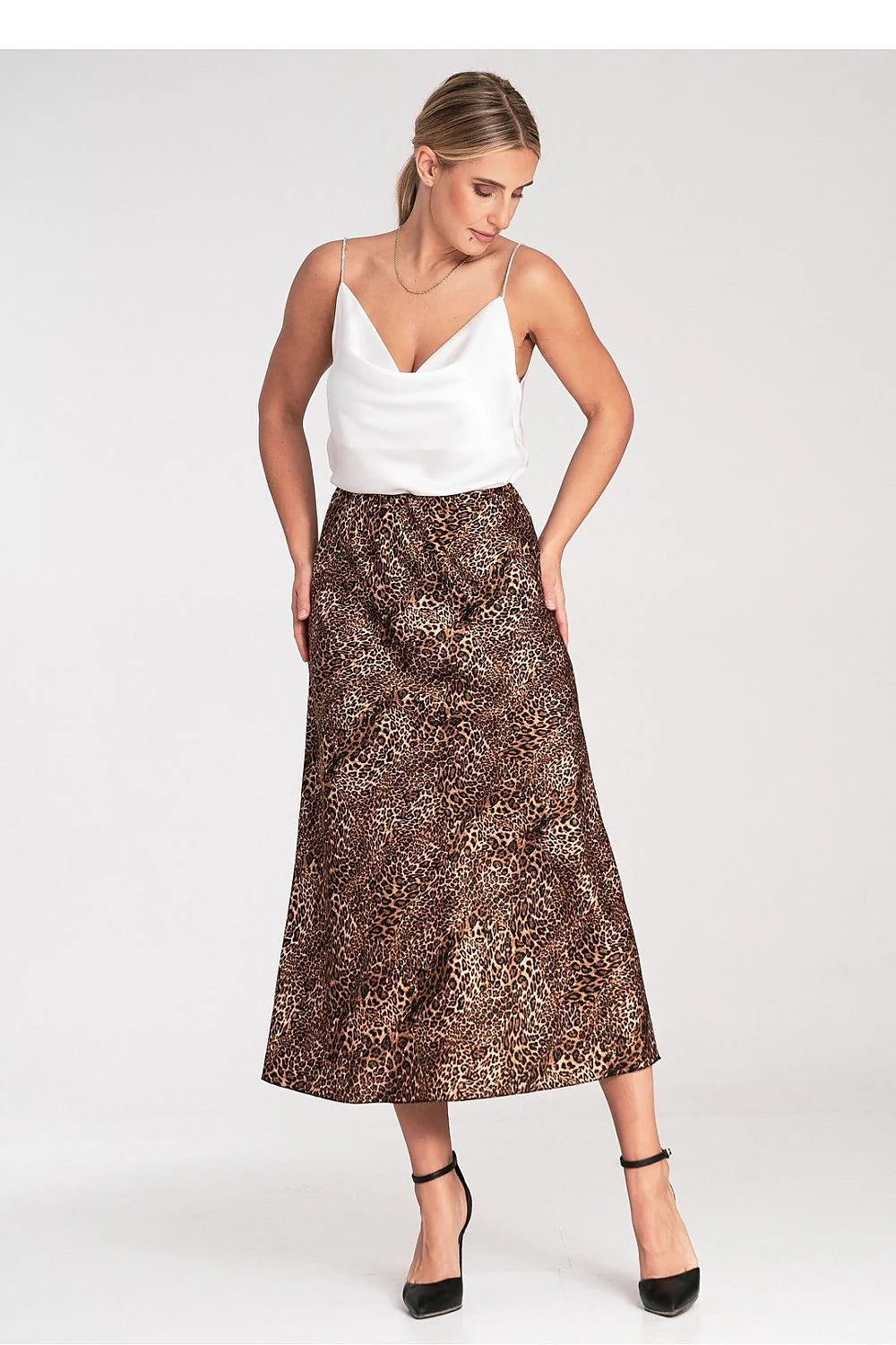 Jupe longue imprimé léopard tissu satiné élastique taille polyester 100 % coupe évasée chic soirée féminine