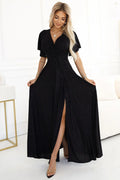 Robe longue élégante Numoco tissu noir pailleté décolleté V croisé manches courtes fente jambe taille ajustable soirée gala femme