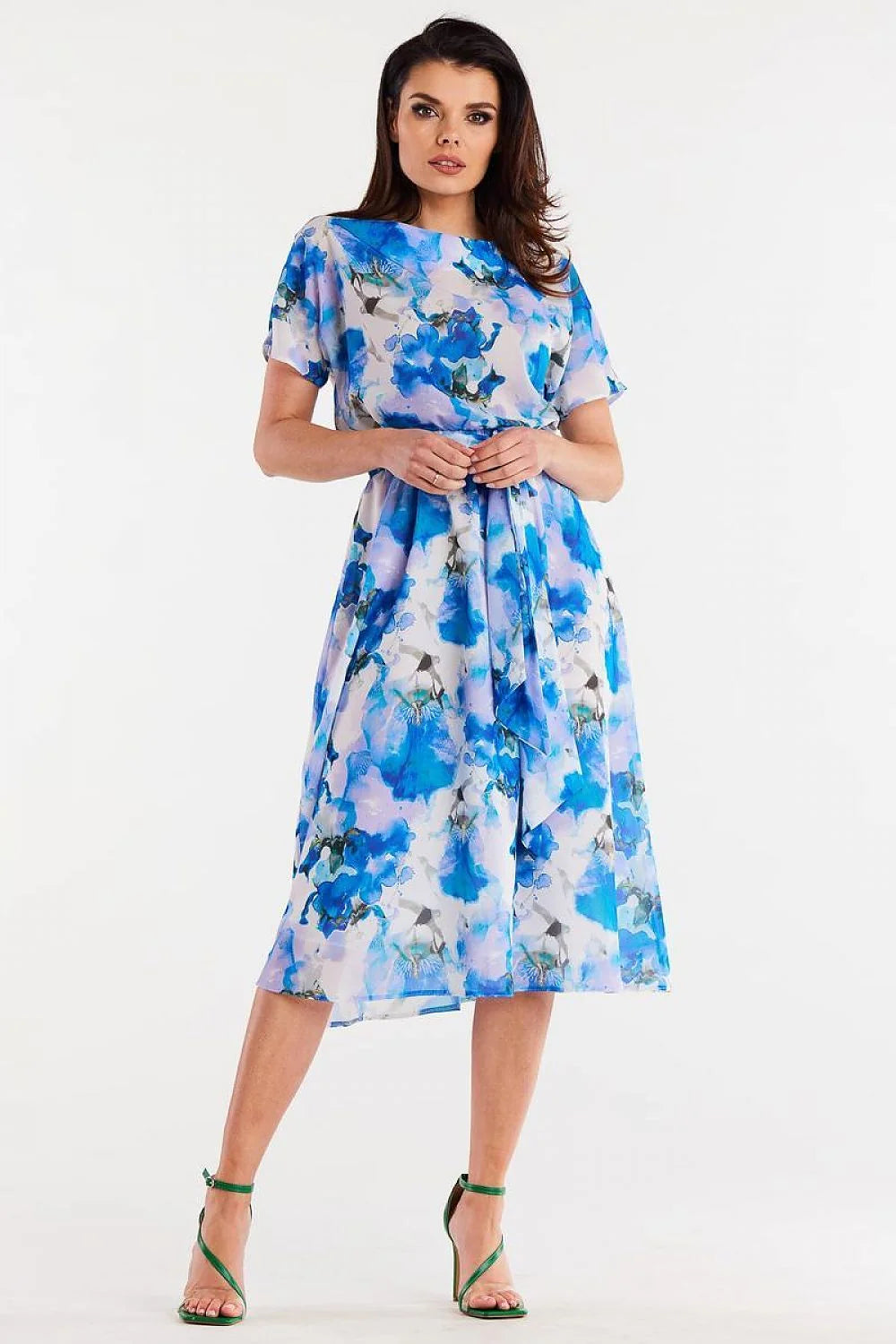 Robe de jour awama en mousseline polyester imprimé floral abstrait manches courtes col rond ajustable taille ceinture femme
