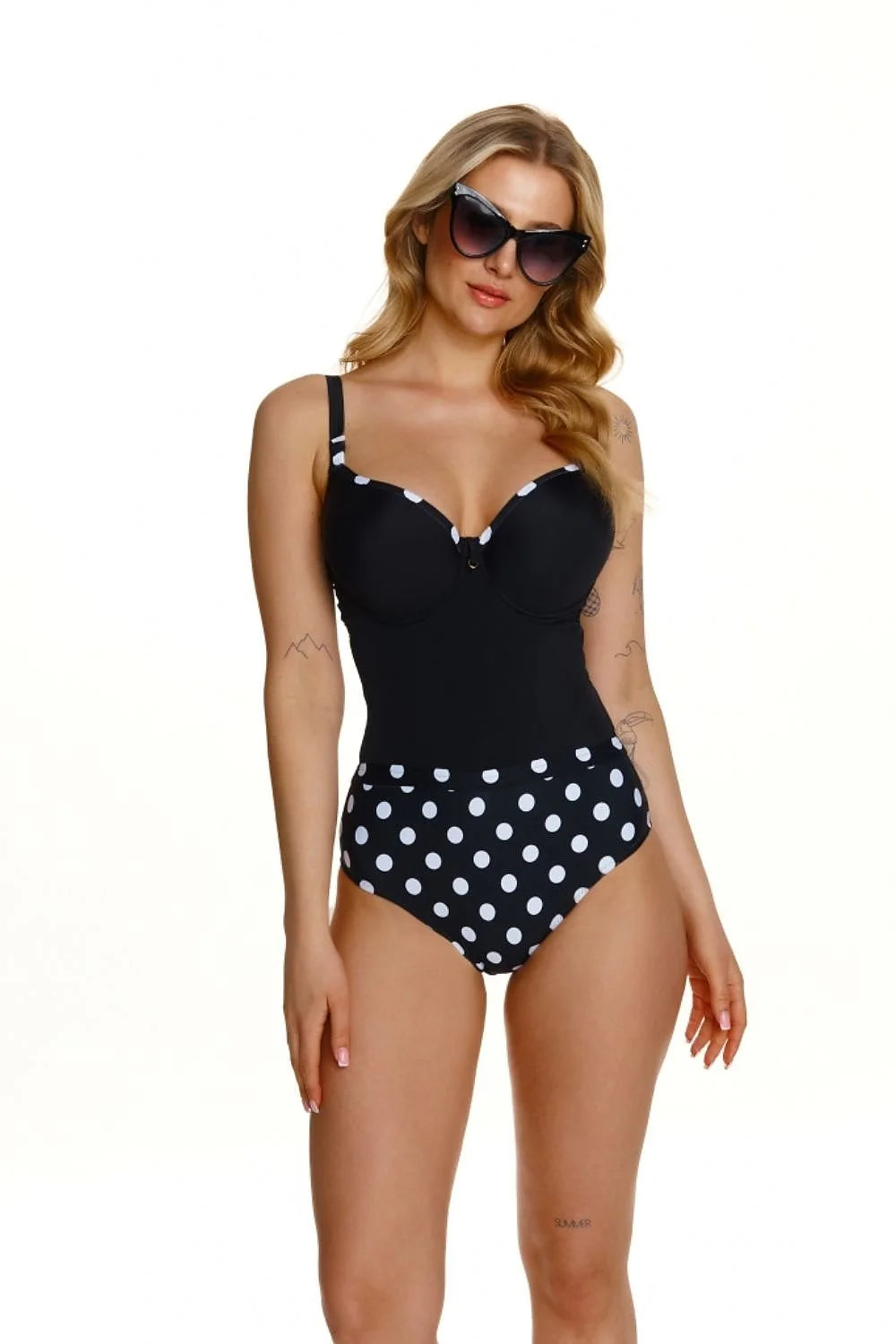 Maillot de bain une pièce noir et blanc, design rétro, motifs à pois, soutien optimal, bretelles ajustables, femme, plage, piscine