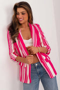 Veste blazer femme rayures verticales rose fuchsia blanc coupe ajustée manches 3/4 sans boutons
