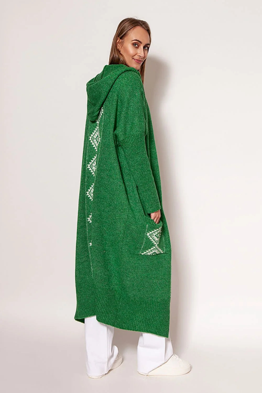 Cardigan pour femme en acrylique et laine, style décontracté, capuche et poches, longueur totale 120 cm