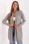 cardigan femme long ouvert maille douce gris chiné col châle coupe droite manches longues poches plaquées ourlets côtelés mi cuisses
