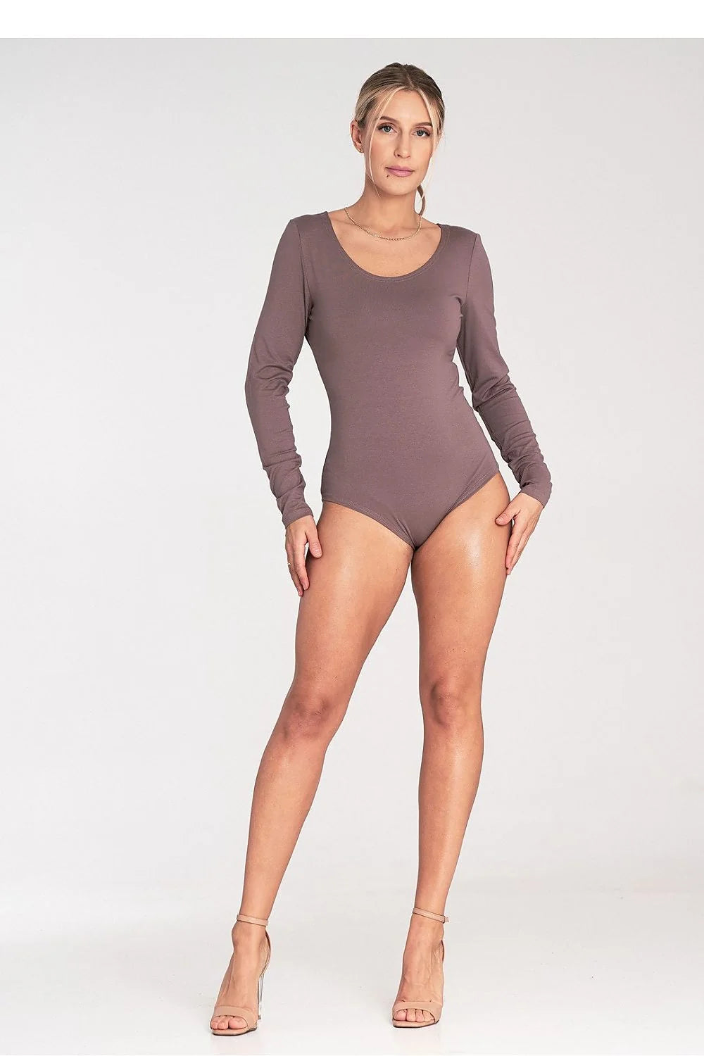 Body pour femmes en viscose élasthanne manches longues col bateau coupe ajustée couleur mauve doux