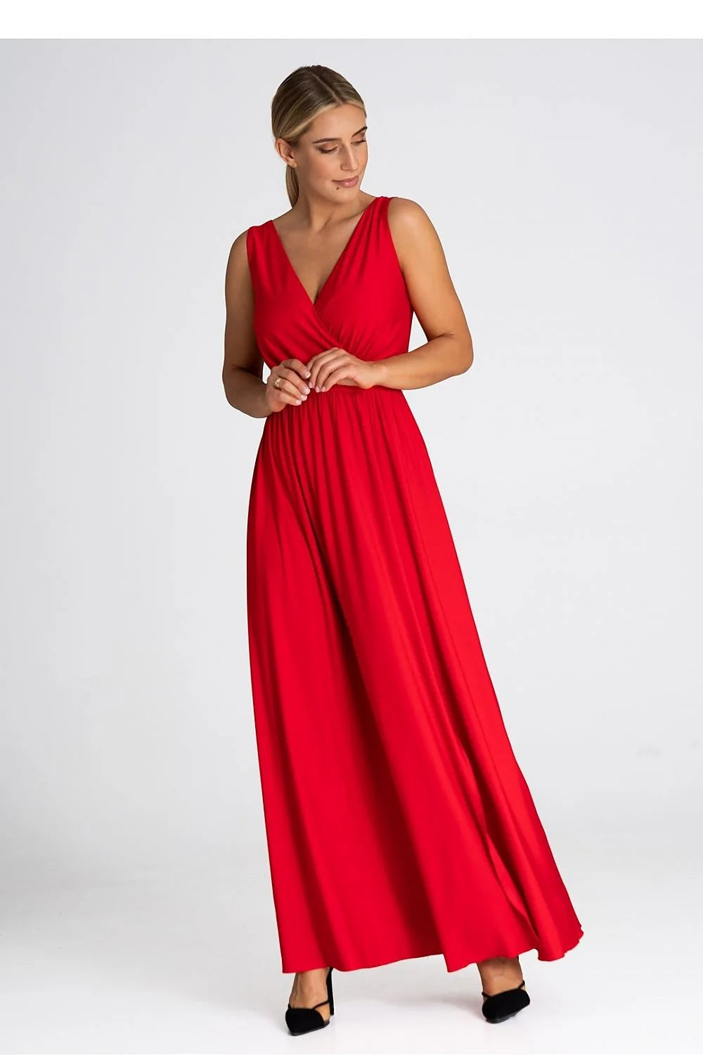 Robe longue élégante pour femme sans manches en V profond rouge vif fente latérale matière fluide taille ajustable