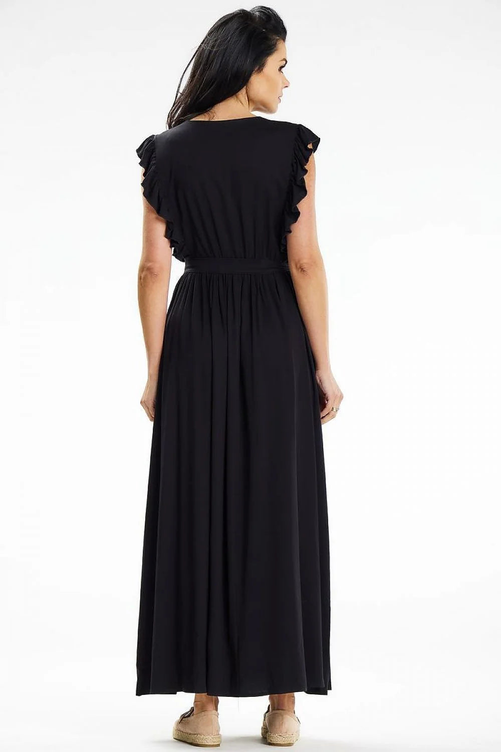 Robe longue élégante à encolure V manches longues volants ceinture intégrée couleur noire taille ajustable femme