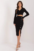 Ensemble féminin coordonné crop top manches longues jupe midi maille noire élastique fermeture boutons femmes