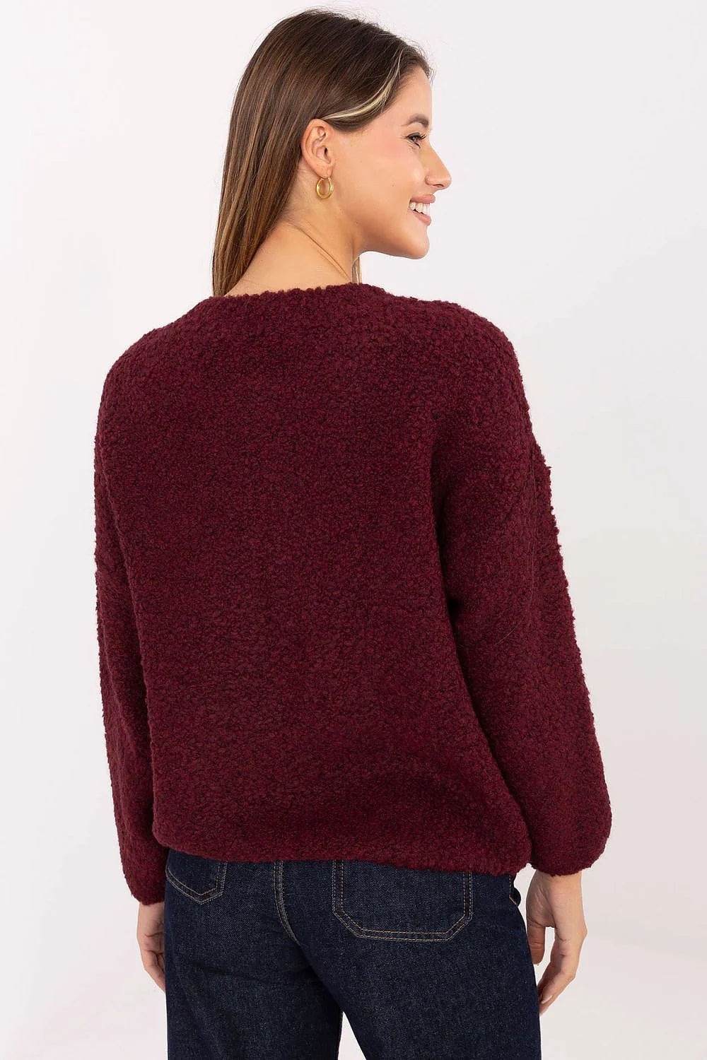 gilet zippé femme maille bouclette teddy bordeaux pelucheux col rond fermeture métal apparente manches longues coupe droite courte cocooning