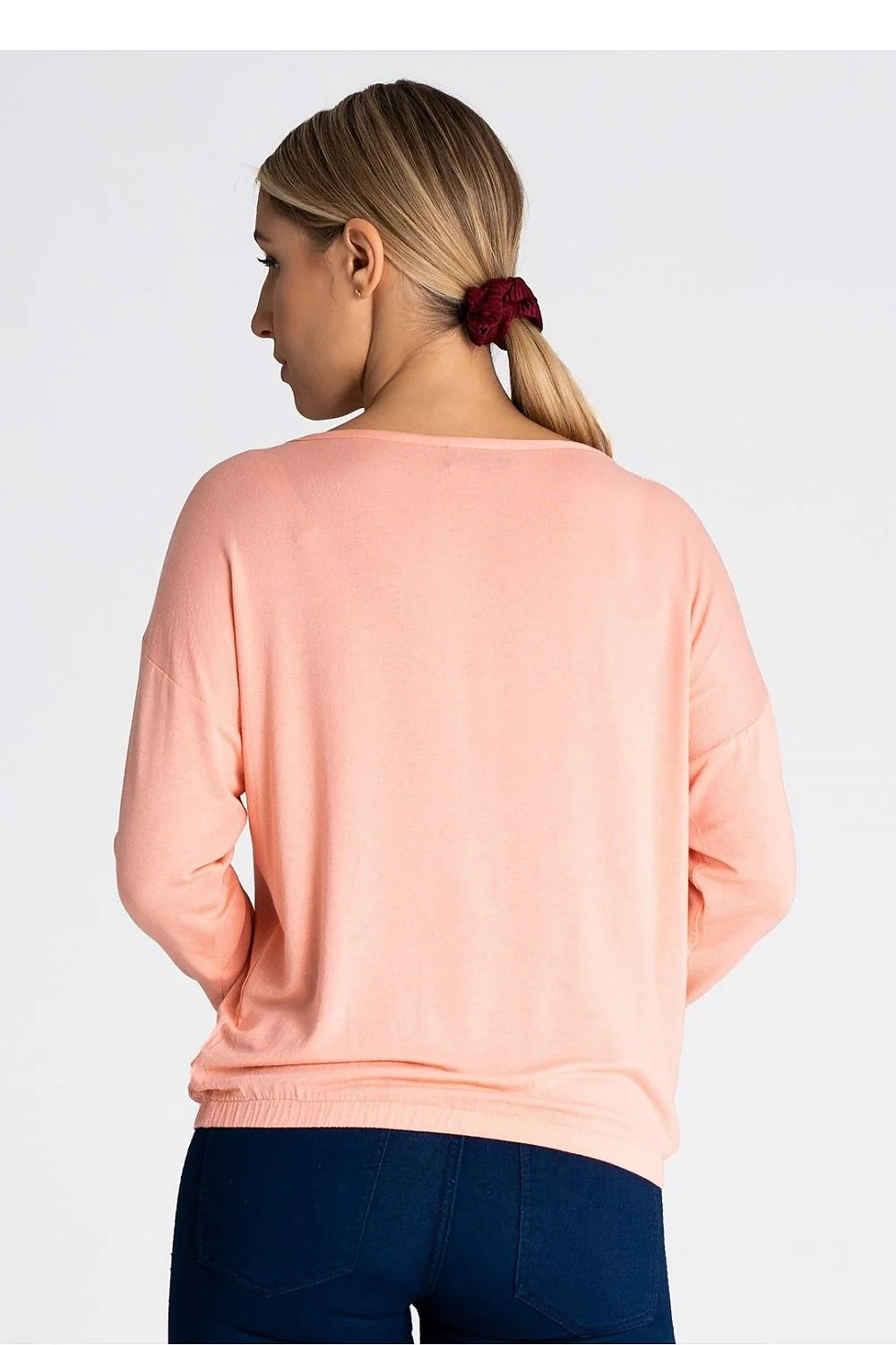 Chemisier femme style décontracté manches longues col rond coupe ample elastique bas rose pastel