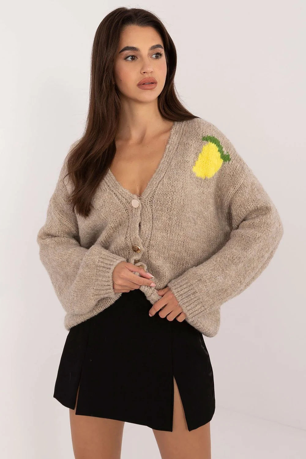 Cardigan Italie mode femme décontracté V-neck longues manches imprimé citron tricot acrylique viscose lin polyamide