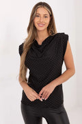 chemisier femme noir pois blancs encolure drapée épaulettes épaules structurées satinée fluide légèrement ajustée longueur hanches strass scintillants polyester élasthanne