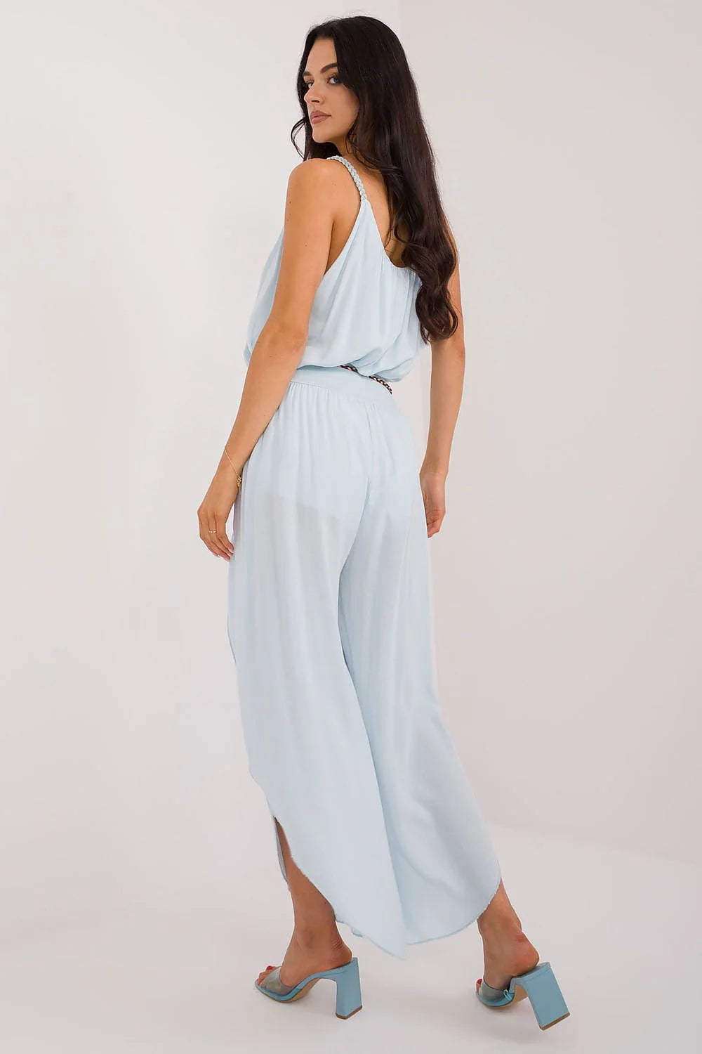 Ensemble femme Och Bella robe loose Pantalon large fente style bohème couleur bleu clair été confortable occasion décontractée