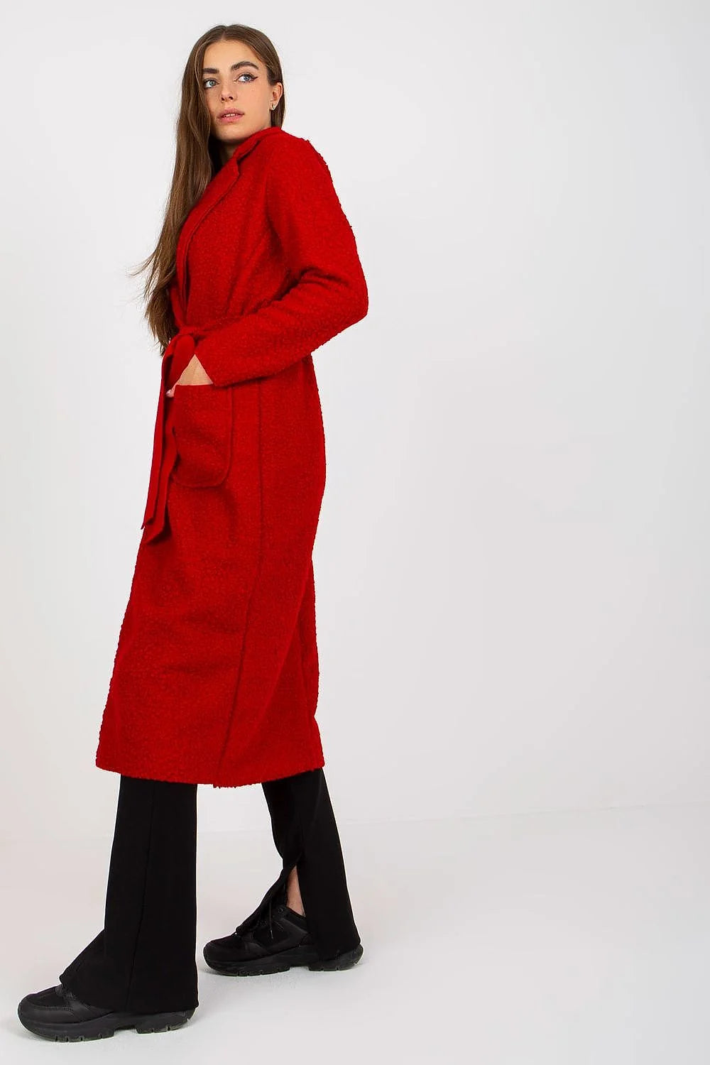 Manteau pour femme beige en boucle tailleur long manches longues collets en V poches plaquées cap assortie style casual élégant