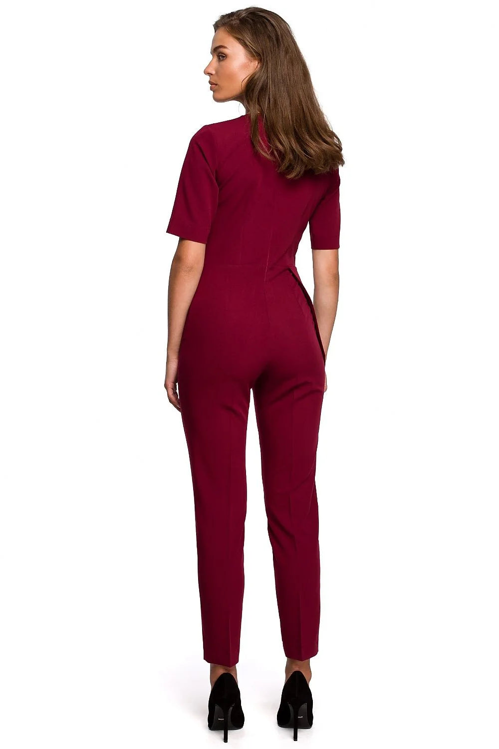 Combinaison élégante en polyester noir croisé pour femmes modernes, manches courtes, occasions spéciales, ajustée