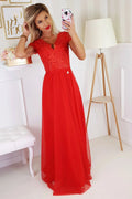 Robe longue polyester-viscose rouge vif élégante dentelle romantique soirée chic femme taille ajustable