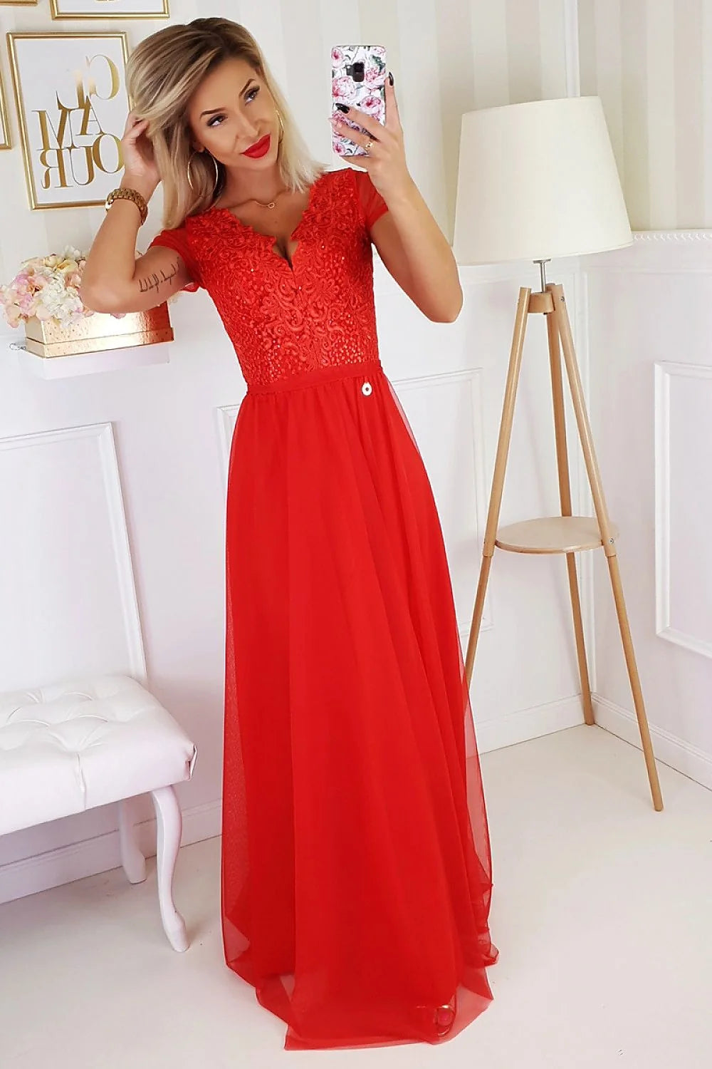 Robe longue polyester-viscose rouge vif élégante dentelle romantique soirée chic femme taille ajustable