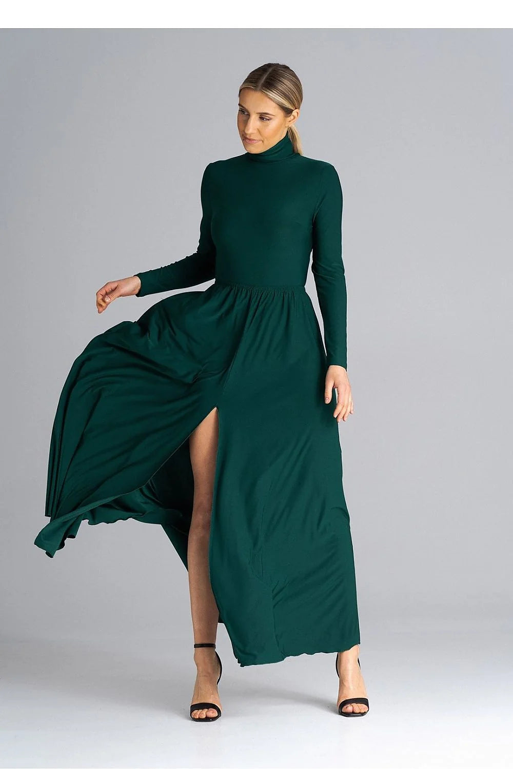Robe de jour élégante longue manches longues col montant fente frontale vert profond polyester elasthanne femmes