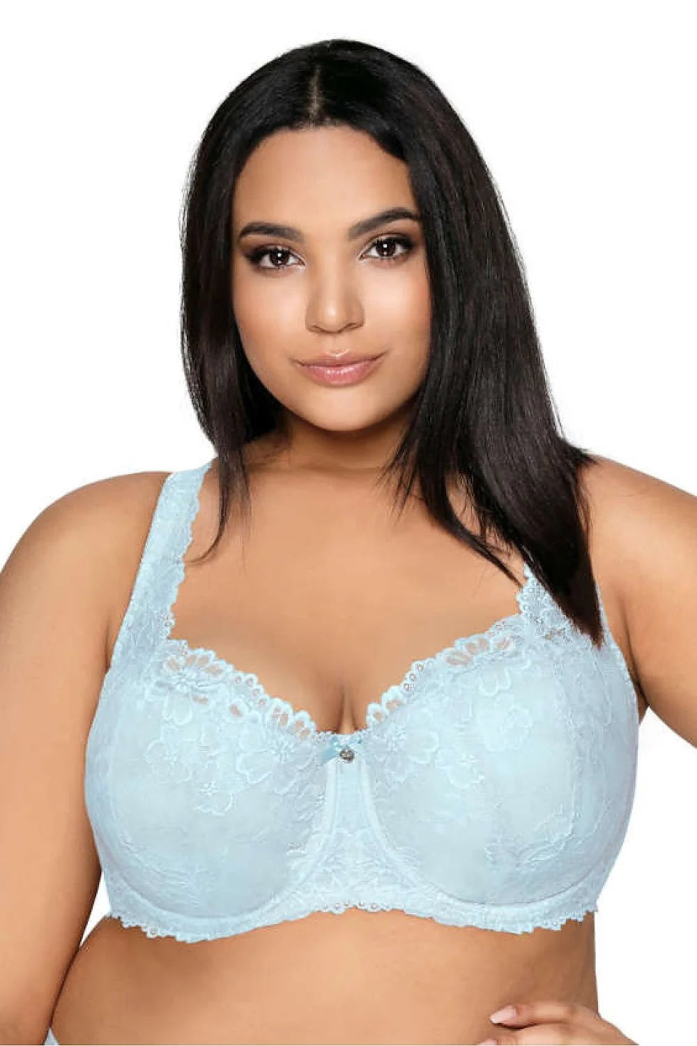 Soutien-gorge rembourré dentelle floral bleu pastel grande taille femme coupe emboîtante support optimal bretelles larges ajustables occasion spéciale