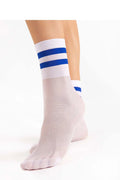 Chaussettes Fiore pour femmes, design moderne et sportif, bandes horizontales bleues, matière mixte nylon et coton, semi-transparente, élastique, coupe ajustée, confort toute la journée