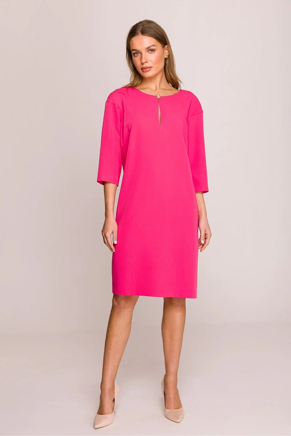 Robe de jour Stylove élégante coupe ample manches 3/4 encolure V bouton doré fente bas tissu polyester rose vif femme