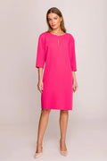 Robe de jour Stylove élégante coupe ample manches 3/4 encolure V bouton doré fente bas tissu polyester rose vif femme