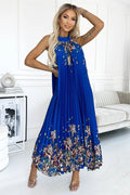 Robe longue style élégant satin plissé motif floral symétrique couleur bleu vif été femme