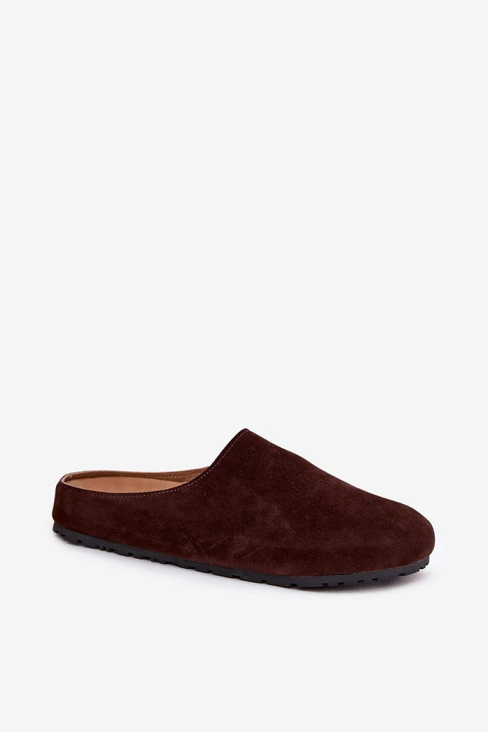 pantoufles femme suédine écologique marron foncé bout fermé coupe basse semelle épaisse isolante profilée confortable crantée antidérapante caoutchouc