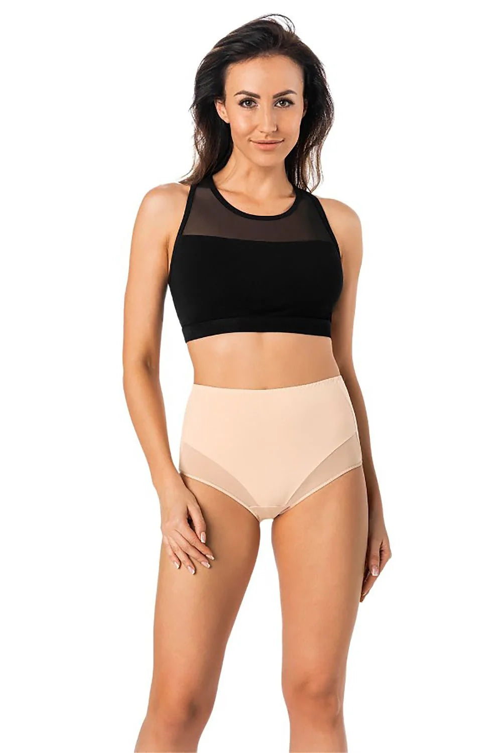 Ensemble sportif femme culottes taille haute slip coton haute qualité maintien confortable beige naturel haut opaque maille noire ajusté