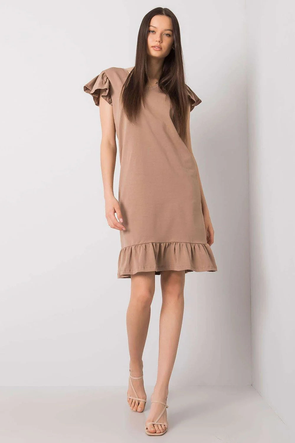 Robe de jour Fancy manches courtes volants coton taupé ajustée féminine polyvalente été printemps