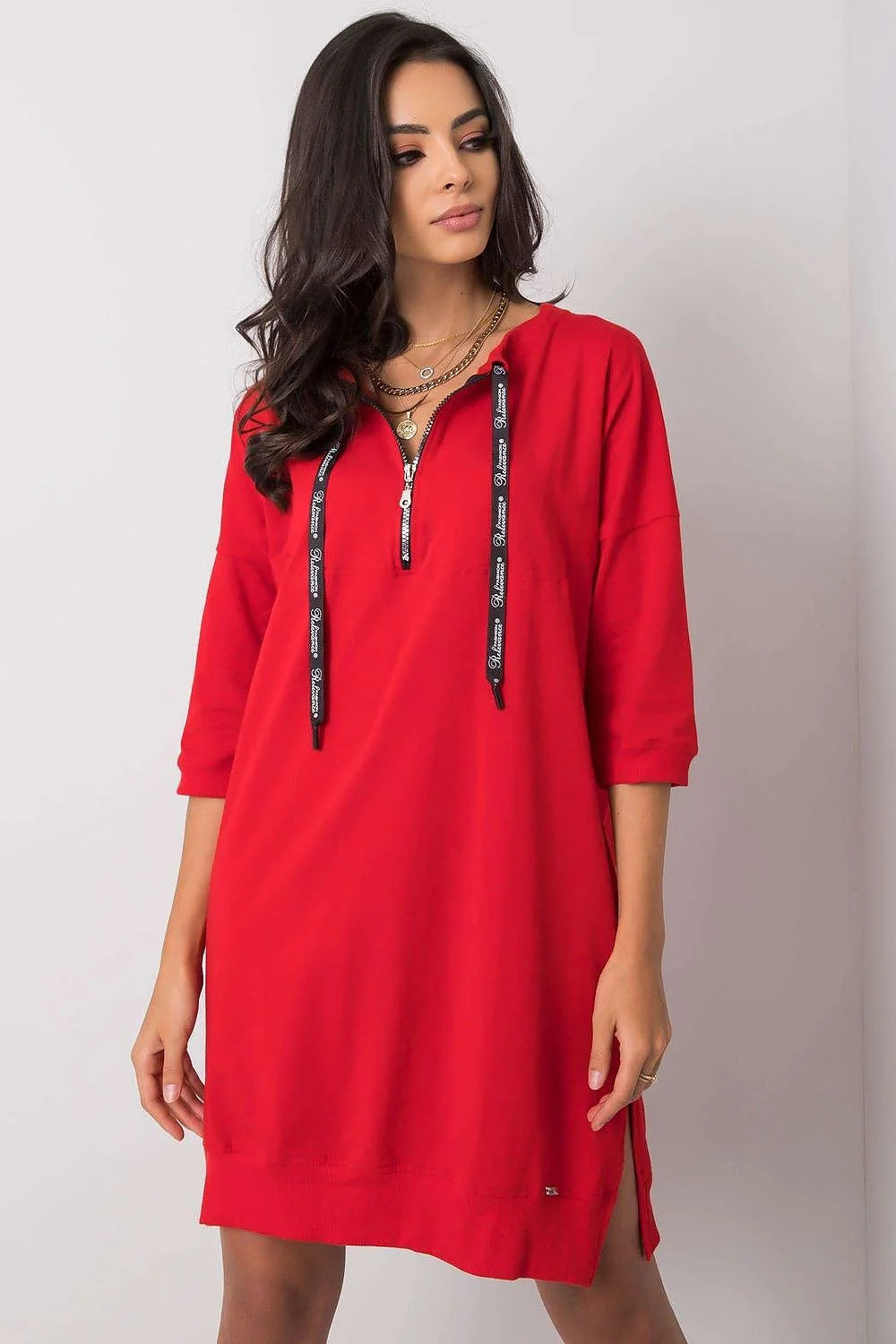 robe casual femme taupe coton elasthanne manches trois quarts fentes latérales coupe loose oversize cordon noir amovible bords côtes