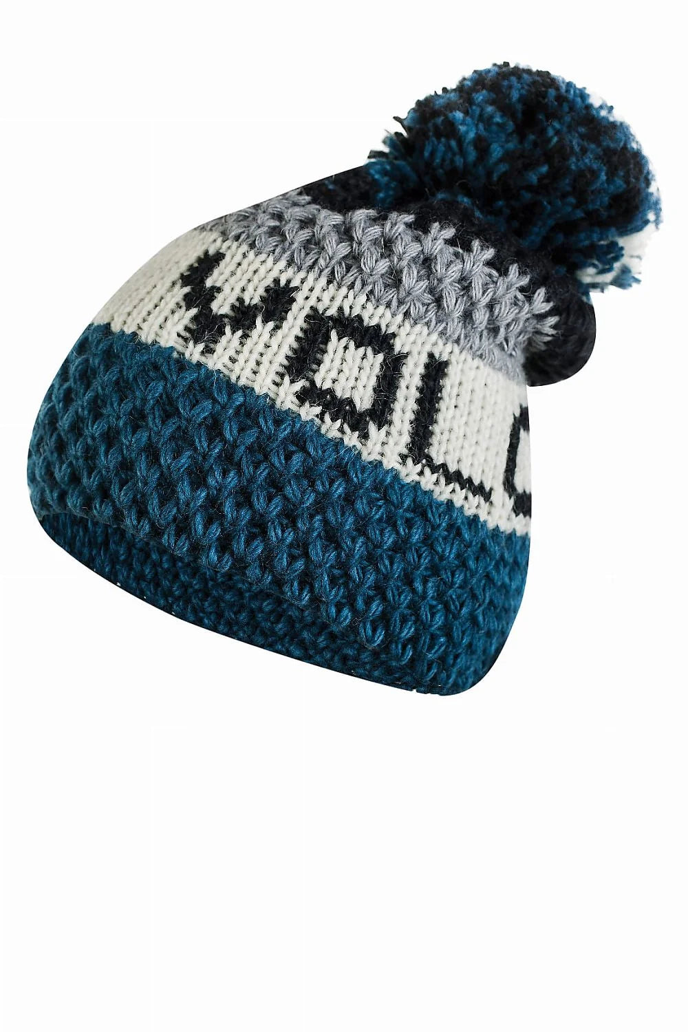 Bonnet et écharpe assortis FABIA en laine et acrylique bleu marine, gris et blanc, design tricoté, pompon multicolore, style slouchy, hiver, femme, mode urbaine