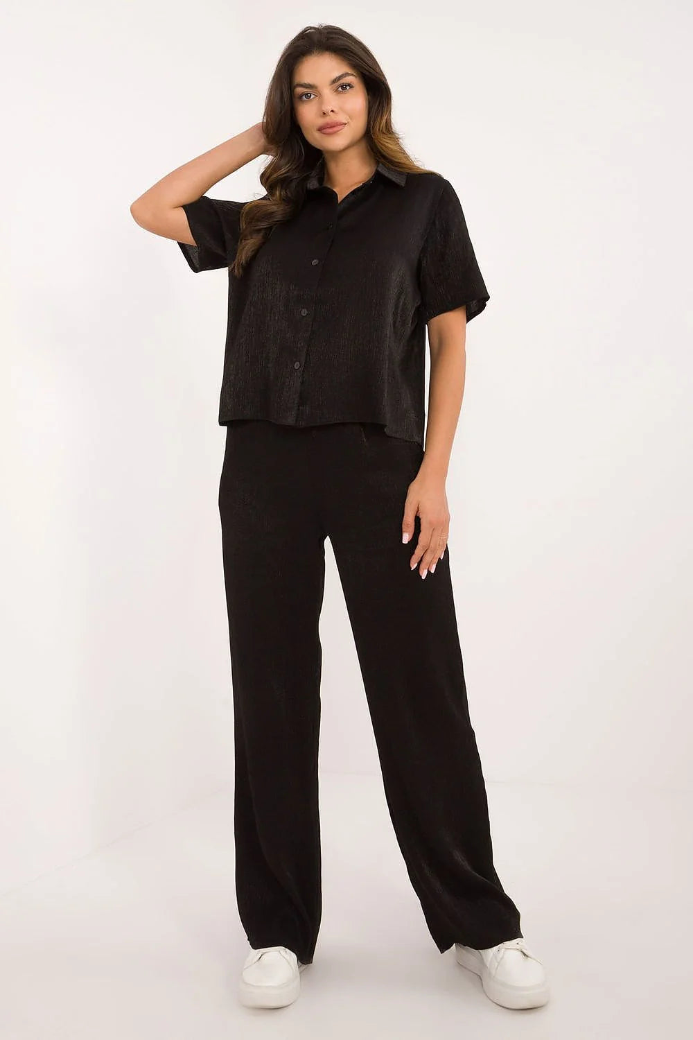 Ensemble Lakerta femme élégant décontracté noir-shirt manches courtes col classique pantalon ample élasthanne viscose