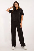 Ensemble Lakerta femme élégant décontracté noir-shirt manches courtes col classique pantalon ample élasthanne viscose