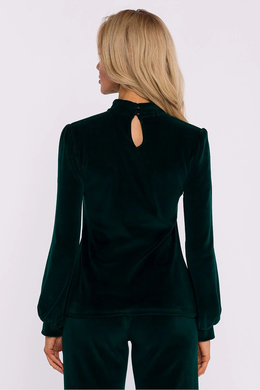 Ensemble velouté femme vert foncé haut manches longues épaules bouffantes pantalon taille ajustable occasion élégante