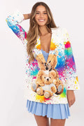 Veste femme moderne couleurs vives motif ours en peluche style pop-art manches longues coupe ajustée idéale pour quotidien travail fêtes
