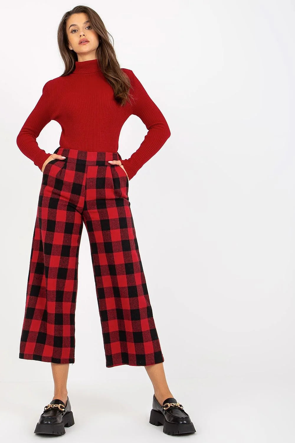 Pantalon femme Lakerta en laine 100% carreaux noir et blanc haute taille large coupe style classique occasion décontractée et professionnelle