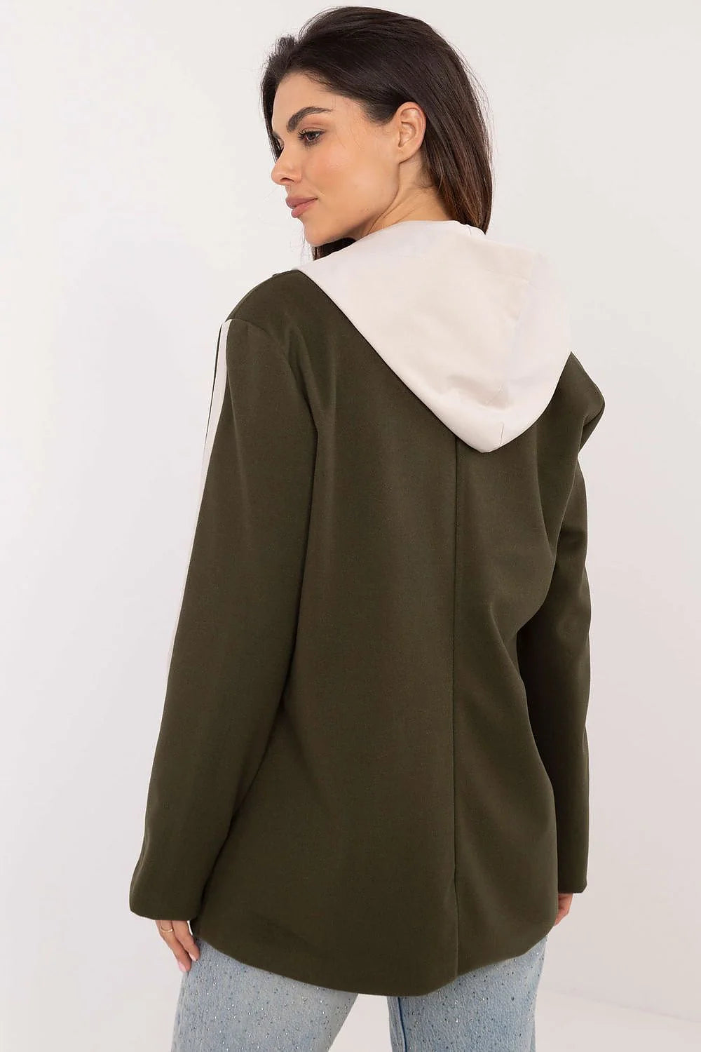 Veste pour femme moderne élégante coupe ample col cranté veste mixte viscose nylon élasthanne vert kaki contrastes manches poches rabat