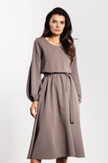 robe midi ample taille élastique ceinture nouer manches longues bouffantes plis col rond jupe évasée tissu fluide