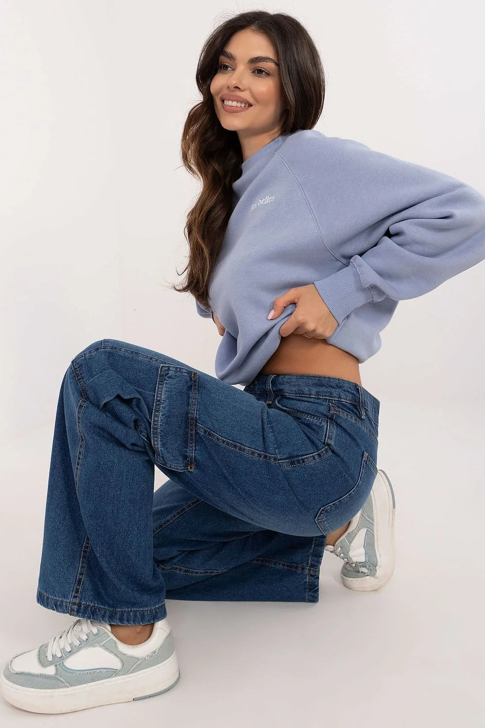 Sweatshirt et pantalon cargo deux pièces femme Oversize coton bleu pastel denim bleu jeans style casual décontracté