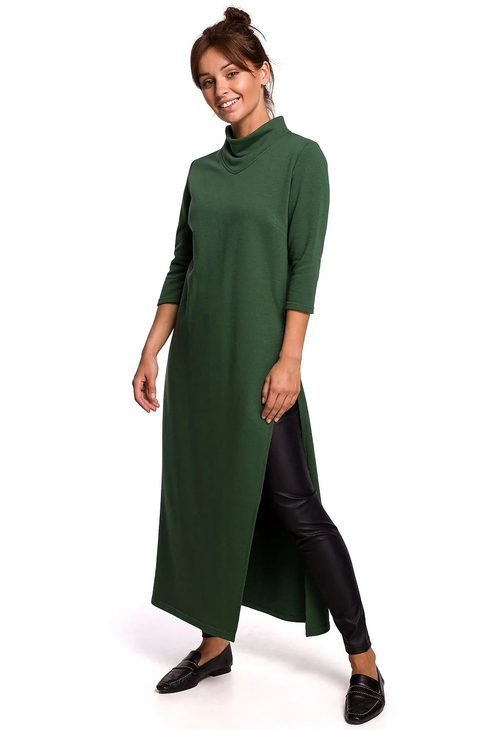 Robe longue élégante coupe droite col montant manches trois-quarts fente latérale coton polyester femme occasionnels