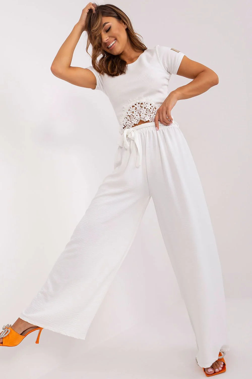 Pantalon femme Och Bella été large lien taille elasthanne polyester crop top dentelle florale sandales orange