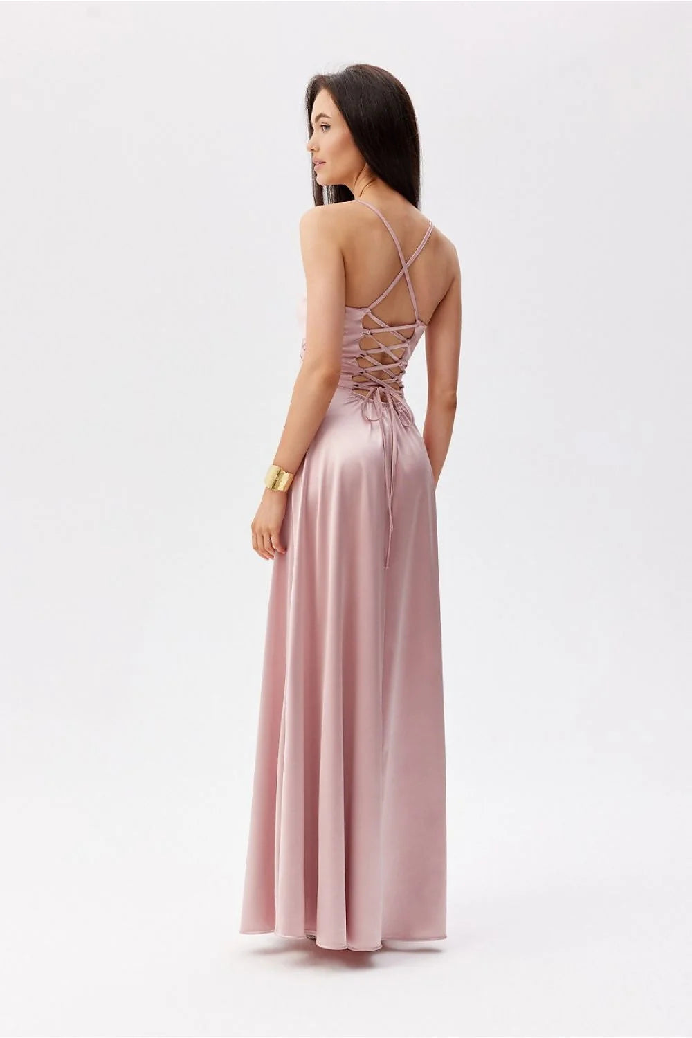 Robe de soirée élégante longue bretelles fines dos croisé fente côté couleur rose pastel polyester elasthanne femmes taille ajustable 34-42